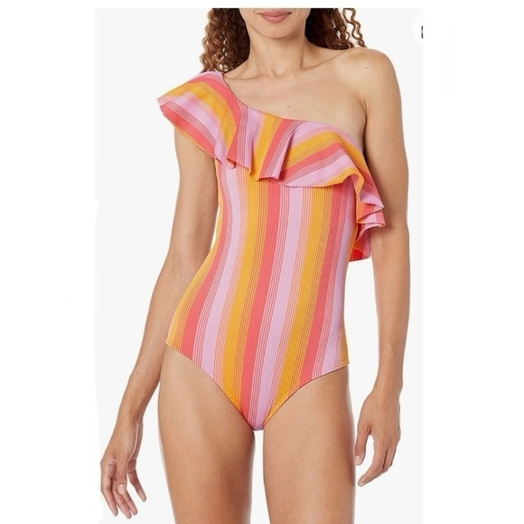 Shoshanna Standard Shoulder Ruffle One Piece, Sunset Sorbet​​​​​​​​​​ - Picture 1 of 7